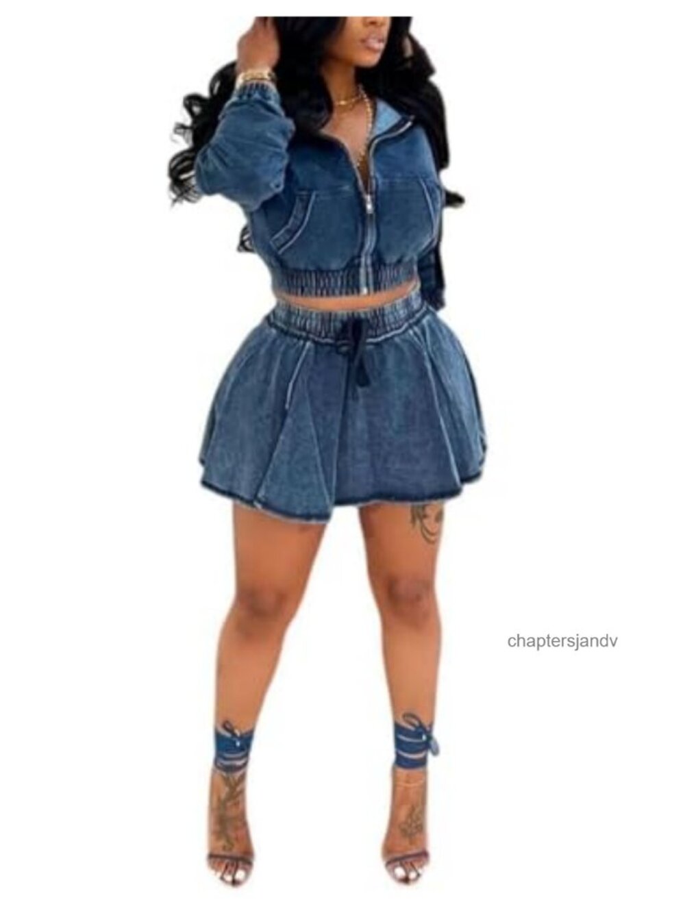 Women 2 Piece Denim Skirt Set Long Sleeve Zip Hoodie Pleated Mini